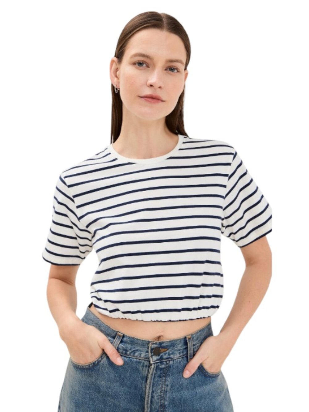 Simkhai Jojo Short Sleeve Crop Top T Shirt Womens XS Black Cream Ivory Crew Neck